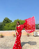 Red heart saree in Georgette fabric, intricate thread Gamthi work and border piping, India origin