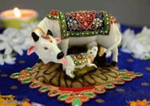 Marble Kamdhenu cow and calf showpiece idols, hand-crafted with high shine finish, 12cm x 12cm x 10cm, spiritual decor for home or gift