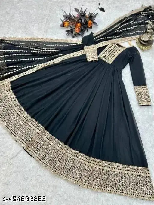Georgette anarkali gown duppata full set, Indian ready-to-wear women's outfit in solid color with long sleeves