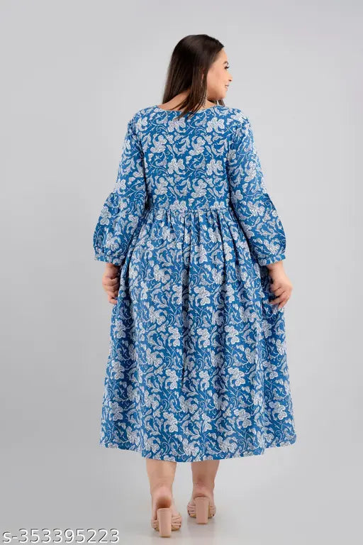 Plus size cotton long kurti, three-quarter sleeves, printed combo, Indian made