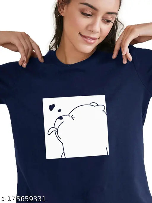 Blue fleece pullover sweatshirt with printed bear design for women, India origin