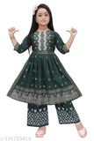 Green rayon printed kid's Naira Cut Kurta set with palazzo bottoms, vibrant and trendy for girls ages 5-12