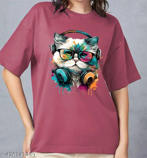 Cotton blend oversized round neck t-shirt for women and girls, printed with vibrant designs, size S (38in bust, 26in length)