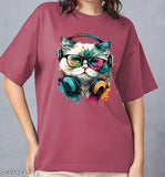 Cotton blend oversized round neck t-shirt for women and girls, printed with vibrant designs, size S (38in bust, 26in length)