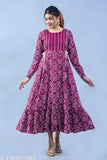 Gorgeous rayon wine-tiered gown with long sleeves, printed pattern. Indian-made evening wear on mannequin
