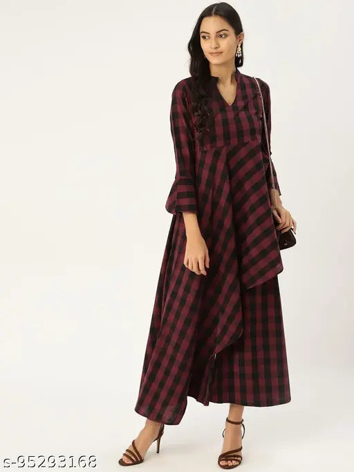 Mbe maroon cotton asymmetric flared kurta with mandarin collar and elasticated palazzos set, single-size clothing item featuring checked pattern, three-quarter sleeves, and bottomwear made from the same cotton material