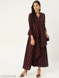 Mbe maroon cotton asymmetric flared kurta with mandarin collar and elasticated palazzos set, single-size clothing item featuring checked pattern, three-quarter sleeves, and bottomwear made from the same cotton material