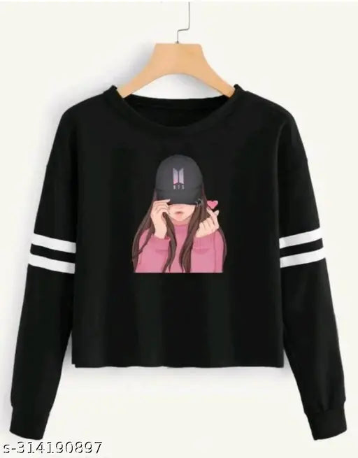 Black cotton blend full crop t-shirt with printed net pattern, latest fashion for women and girls