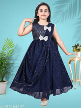 Navy Blue Modern Fancy Acrylic Sleeveless Dress with Embellished Net, for Girls aged 2-16 years. Indian origin