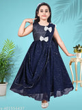 Navy Blue Modern Fancy Girls dress, acrylic sleeveless, embellished net, size 2-3 years, India origin