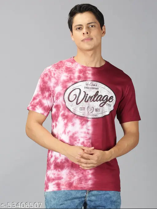 Red cotton round t-shirt, short sleeves, abstract print for men. Soft, breathable, stylish, and affordable