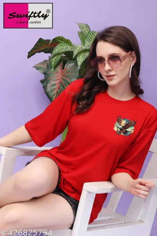 Organic cotton oversized eagle printed half sleeve t-shirt for women and girls, three-quarter sleeves, size S-XXXL, India origin