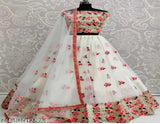 Kids satin lehenga with net dupatta, embroidered and stitched. Sizes: 4-5Y (24m/28m), 5-6Y (24m/28m), 6-7Y (24in/28in), 8-9Y (24in/28in), 9-10Y (30m/35m), 10-11Y (30in/35in), 11-12Y (30in/35in), 12-13Y (30in/35in), 13-14Y (30in/35in). Ethnic Indian wear