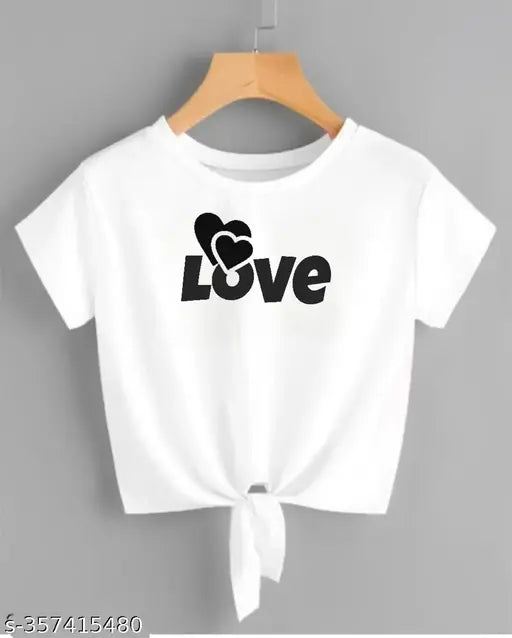 White Lycra crop top with heart love print for women, short sleeves, size S (32in bust, 18in length)