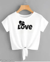 White Lycra crop top with heart love print for women, short sleeves, size S (32in bust, 18in length)