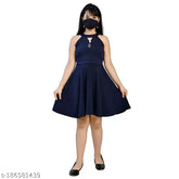 Navy blue midi dress with one face mask, stylish girls partywear in cotton blend, suitable for 7-8 years to 12-13 years