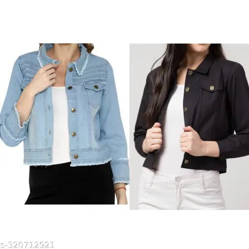 Denim jackets combo for girls, solid color, denim fabric, long sleeves, stylish and functional, size 10-16 years, made in India