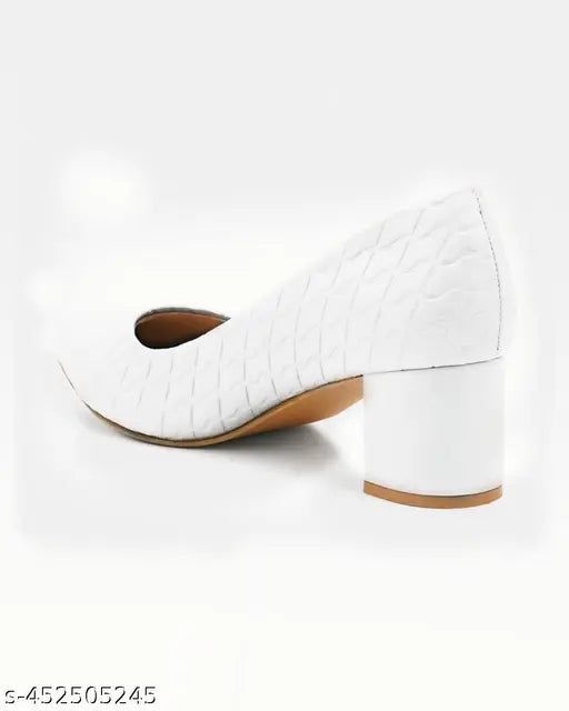 FQ White synthetic leather block pumps heels - slip-on style for ladies, India origin
