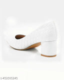 FQ White synthetic leather block pumps heels - slip-on style for ladies, India origin