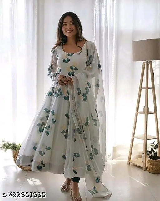 Georgette floral printed party wedding gown with long sleeves, trendy & stylish for women events