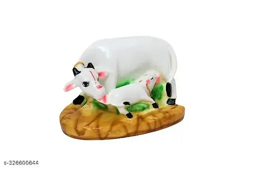 Multicolor handicraft marble dust cow & calf idol showpiece, perfect for home decor or gifting, ideal size for office desks and Diwali puja