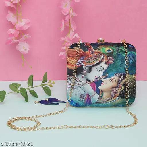 Radha Krishna printed women's clutch bag with detachable sling chain, satin/silk fabric, free size (6in x 3in), ideal for work and travel, perfect gift