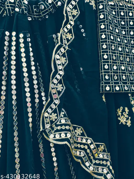 Embroidered Georgette women's Lehenga Choli and Dupatta set, semi-stitched with 3-miter blouse, 43in waist, 70in dupatta length, origin India