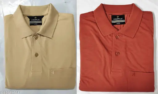 Camel rust cotton blend slim-fit half sleeve T-shirt with pocket, solid color on model wearing size L