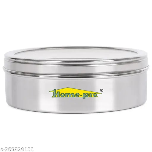 Stainless steel HomePro See Through Neelam Masala Dabba, airtight multi-purpose kitchen container (22.5 cm diameter) with 9 small compartments. Perfect for organizing spices at home