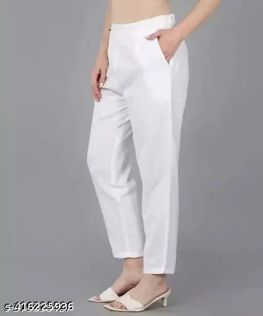 White cotton Seema Textiles straight-fit trousers, trendy chino style with two pockets, best for every season