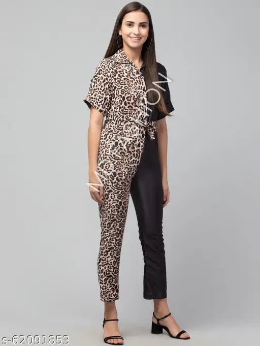 Dual tone animal printed poly crepe jumpsuit with short sleeves and vibrant pattern, perfect for fashion-forward women. Size XS (32in bust, 51in length, 28in waist). Made in India