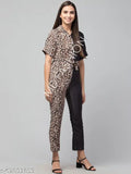 Dual tone animal printed poly crepe jumpsuit with short sleeves and vibrant pattern, perfect for fashion-forward women. Size XS (32in bust, 51in length, 28in waist). Made in India