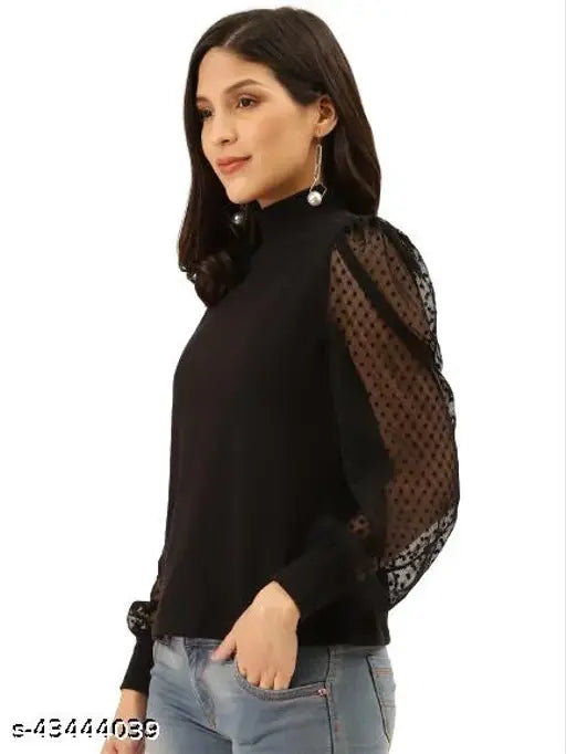 Black cotton Victorian winter top with high neck and polka sheer lace full sleeves - Style Quotient Women