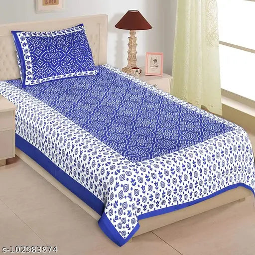 White Jaipuri patterned 180 thread count cotton flat sheets pack for single beds, includes 3 pillow covers