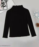 Cotton blend baby high neck knit top, long sleeves, solid pattern - size 2-12 years