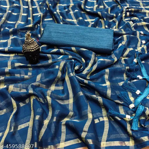 Georette saree with zari woven print, free size, Indian silk blend blouse on mannequin