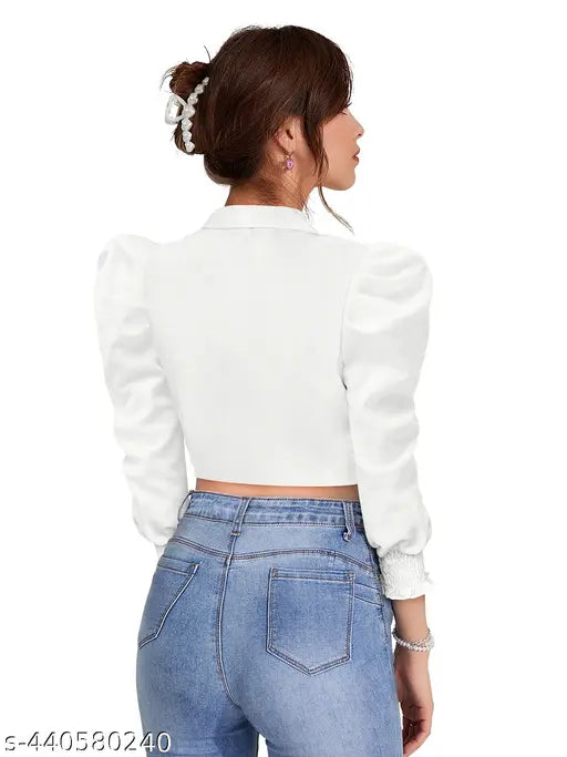 Women's long-sleeve polyester t-shirt in solid color, puff sleeves with lapel collar, available in sizes S(34), M(36), L(38), XL(40) from Trendy Crop Tops - India
