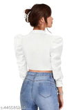 Women's long-sleeve polyester t-shirt in solid color, puff sleeves with lapel collar, available in sizes S(34), M(36), L(38), XL(40) from Trendy Crop Tops - India