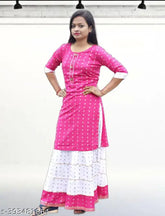 Unique cotton blend printed kurta set for girls aged 7-14 years, three-quarter sleeves, Indian origin