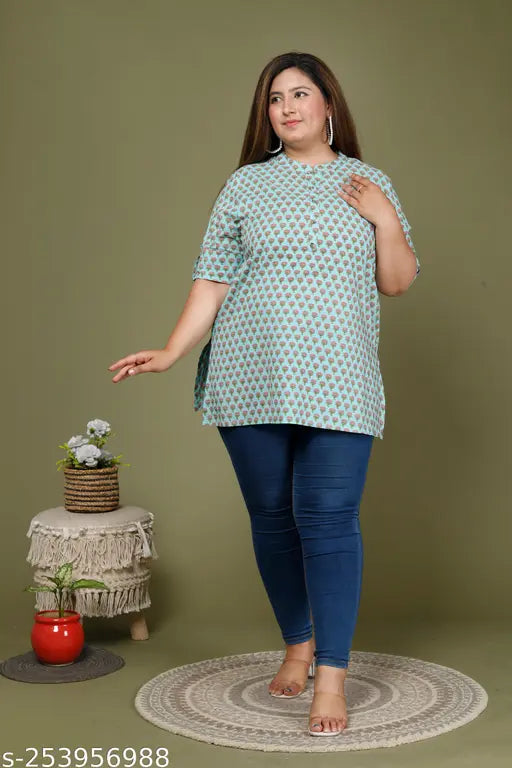 Comfy plus size cotton tunics, three-quarter sleeve retro women's tops with printed net pattern, India origin