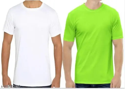 White and fluorescent green men's & women's round neck t-shirt combo, polyester, short sleeves, sports wear