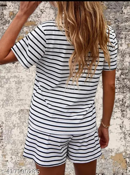 White and black striped cotton blend night suit for women, featuring short-sleeved top and shorts bottom, available in sizes S-XXL, made in India