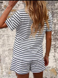 White and black striped cotton blend night suit for women, featuring short-sleeved top and shorts bottom, available in sizes S-XXL, made in India
