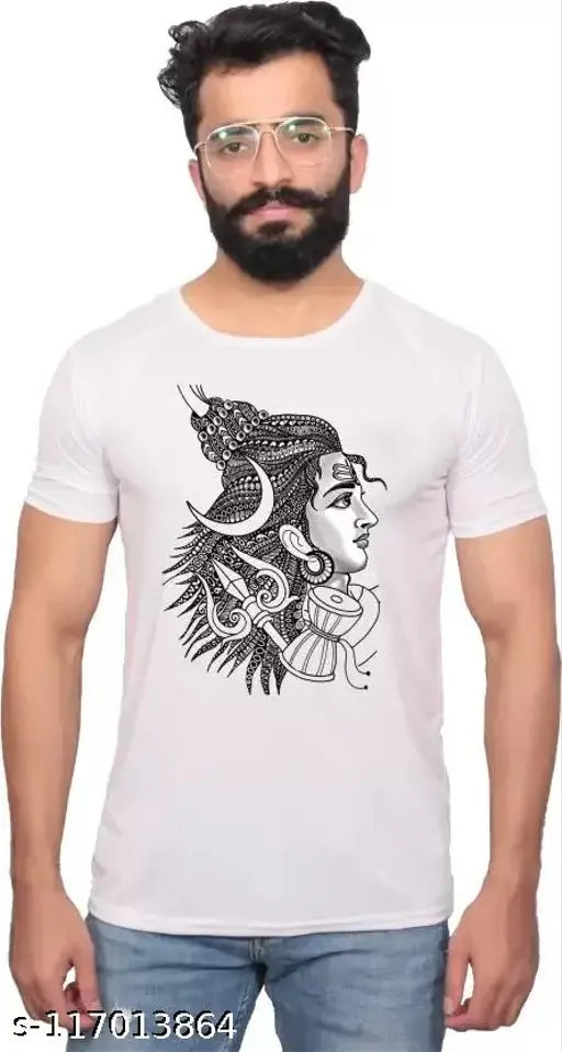 Polyester Shiv Ji printed t-shirt in vibrant Indian motif. Sizes: S, XL, L, M, XXL