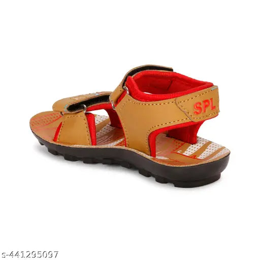 Stylish patent leather tan/red kids sandal, perfect for boys aged 12-18 months to 4-4.5 years. Printed net pattern, fastened with velcro. Indian origin