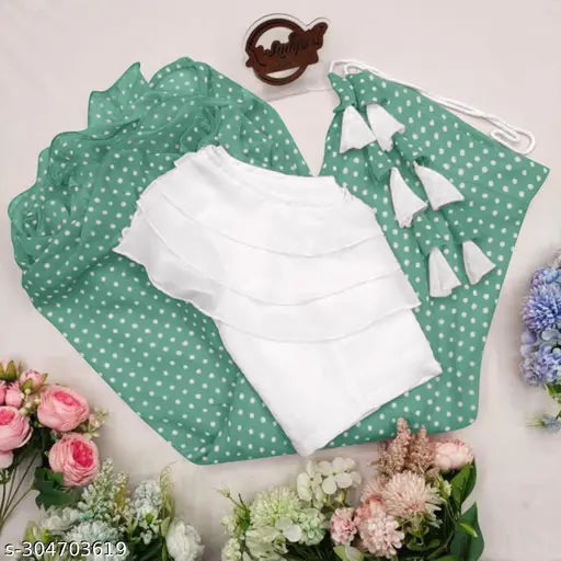 White lycra top with georgette skirt for party wear, printed net pattern on Krishang International women's outfit