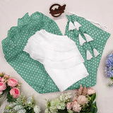 White lycra top with georgette skirt for party wear, printed net pattern on Krishang International women's outfit