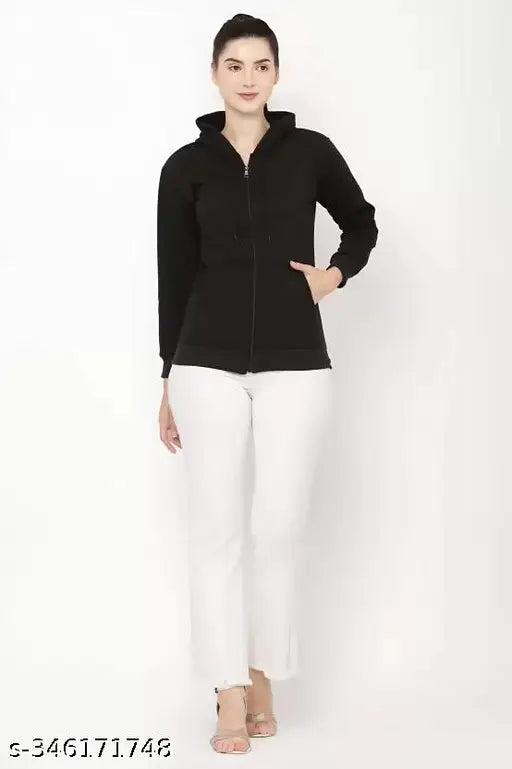 Fleece women's sweatshirt, solid color, long sleeves, zip closure, hood & pockets, size S (36in bust, 23in length). Made in India