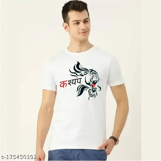 White polycotton men's t-shirt by LF Kashyap Sahab ji, printed design. Short sleeves, size S (36in chest, 27in length), M (38in chest, 28in length), L (40in chest, 29in length), XL (42in chest, 30in length). High-quality Indian-made apparel