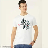 White polycotton men's t-shirt by LF Kashyap Sahab ji, printed design. Short sleeves, size S (36in chest, 27in length), M (38in chest, 28in length), L (40in chest, 29in length), XL (42in chest, 30in length). High-quality Indian-made apparel